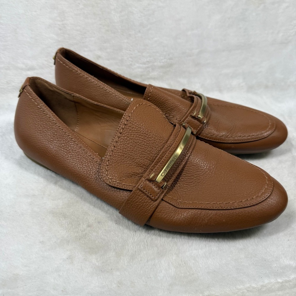 Calvin Klein Orianna Brown Leather Loafers Gold Logo Bar Flats Womens 11 34E2408